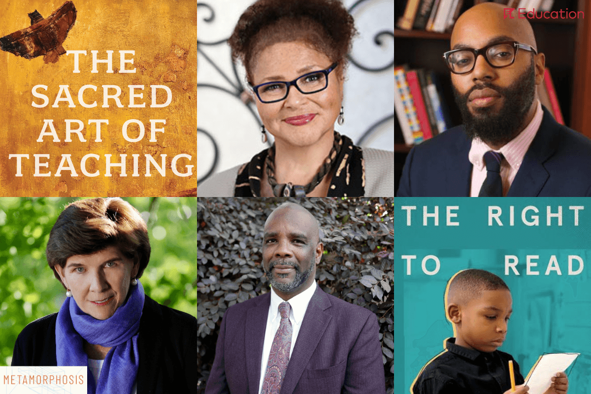 A banner showing ELNC26 special guests Lisa Delpit and Christopher Emdin and their new book, The Sacred Art of Teaching, and Jenny Mackenzie and Kareem Weaver and their documentary, The Right to Read.